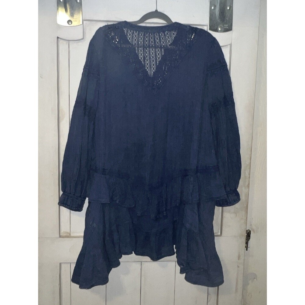 Free People Sachi Mini Dress Size Large Blue Boho Long Sleeve Tiered - Picture 5 of 5